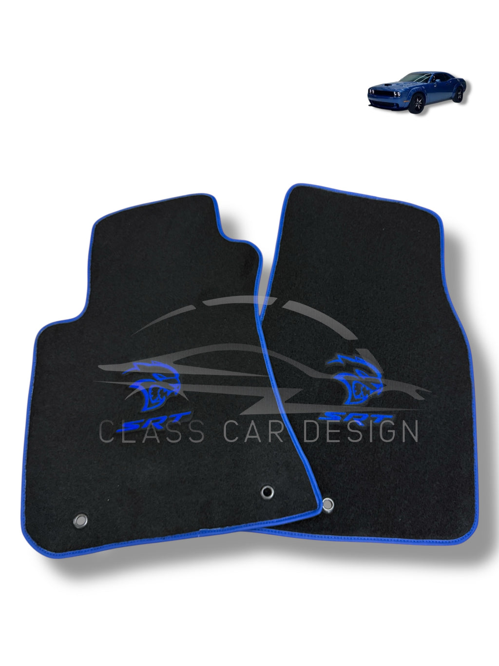Dodge Challenger (2008+) Custom Fit Floor Mats SRT Hellcat Blue - Full Set Top View | Class Car Design