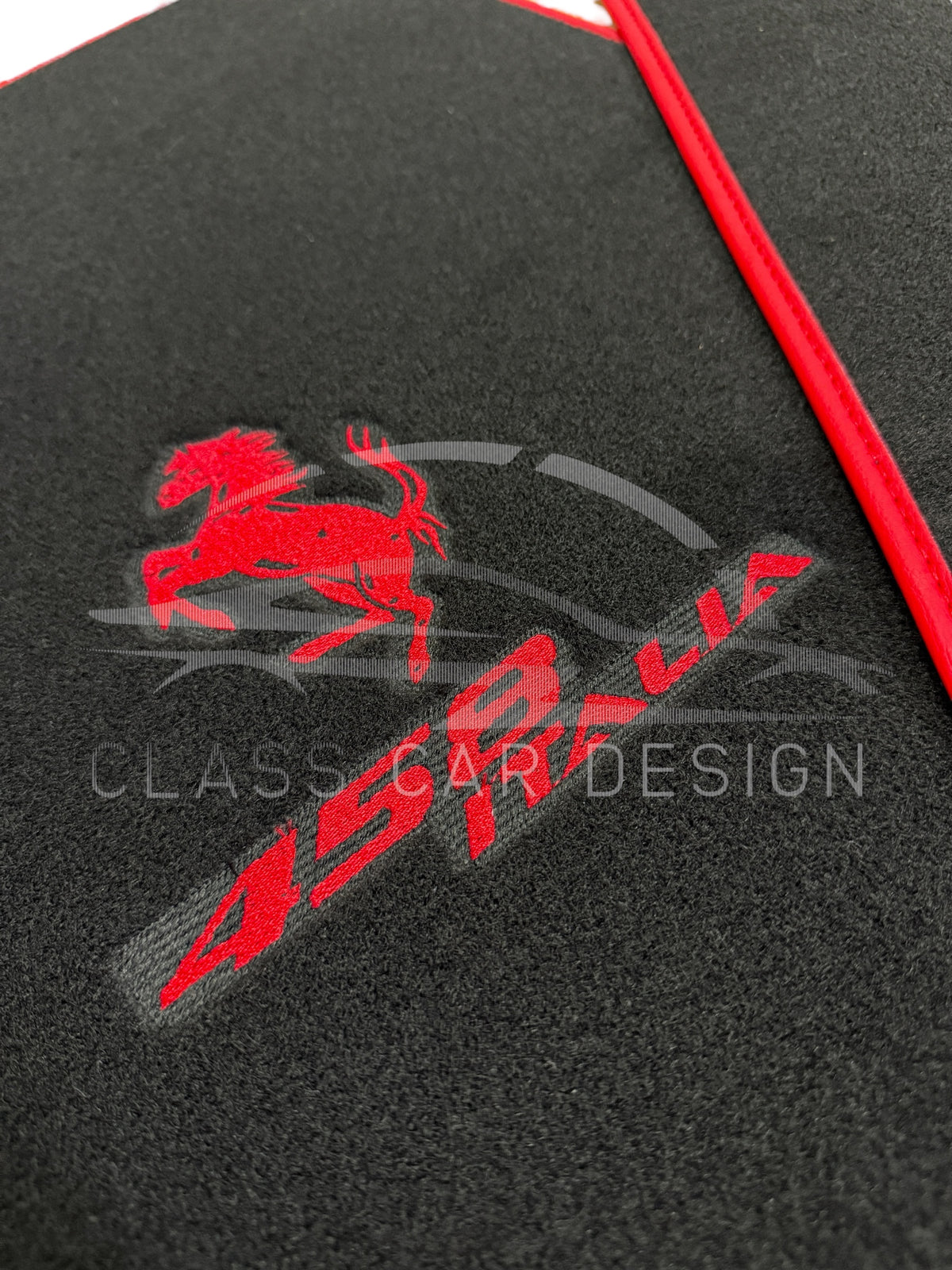 Ferrari 458 (2009-2015) Custom Fit Floor Mats Emblem Red Edging - Full Set Top View | Class Car Design