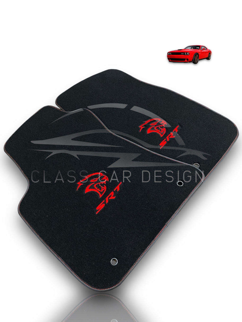 Dodge Challenger (2008+) Custom Fit Floor Mats SRT Hellcat Red - Full Set Top View | Class Car Design