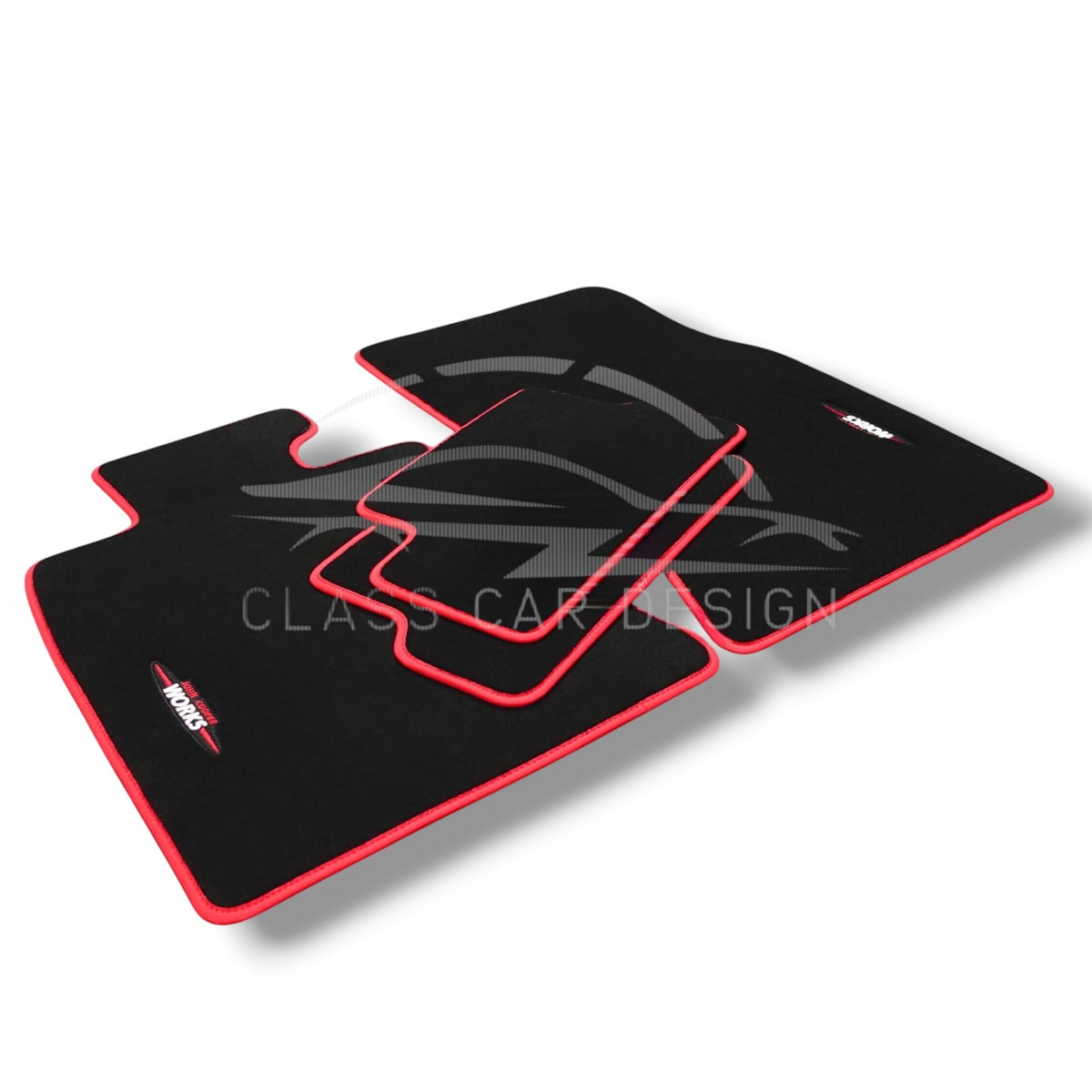 Mini Cooper R53 (2002-2006) Custom Fit Floor Mats JCW Red Edging - Full Set Top View | Class Car Design