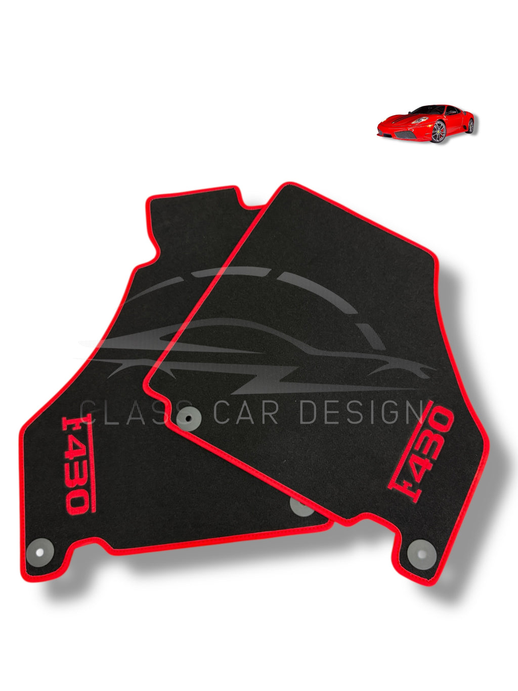 Ferrari F430 (2004-2009) Custom Fit Floor Mats Emblem Red Edging - Full Set Top View | Class Car Design