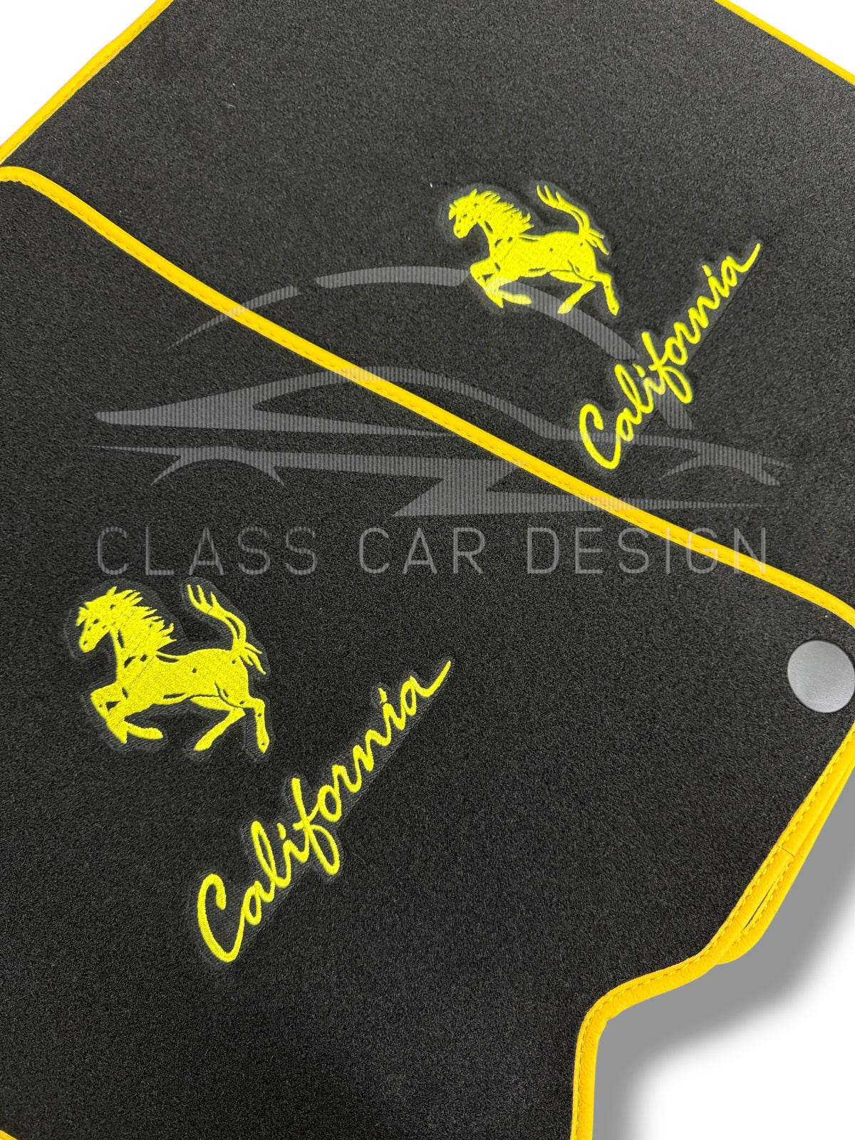 Ferrari California (2008-2014) Custom Fit Floor Mats Emblem Yellow Edging - Full Set Top View | Class Car Design