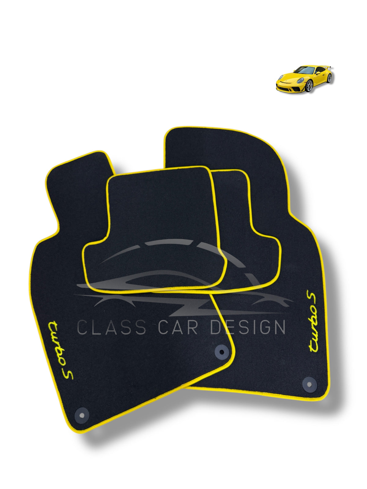Porsche 911 997 (2004-2012) Custom Fit Floor Mats Turbo S Yellow Edging - Front Floor Mats | Class Car Design