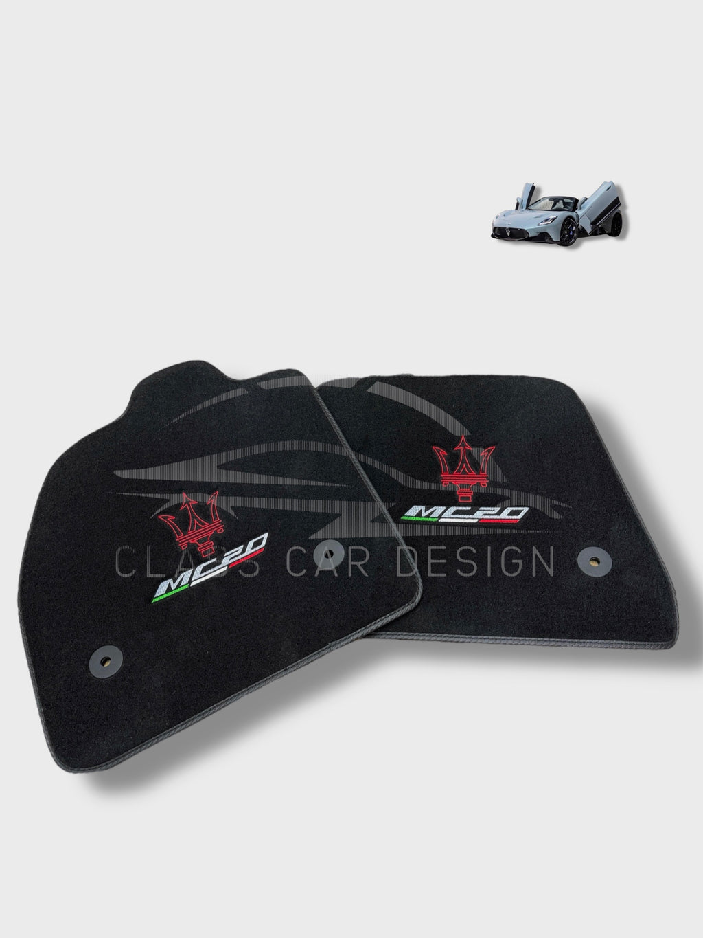 Maserati MC20 Custom Fit Floor Mats Emblem Gray Edging - Front Floor Mats | Class Car Design