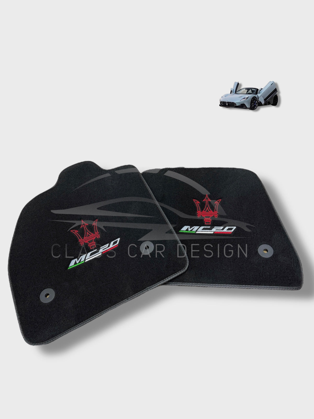 Maserati MC20 Custom Fit Floor Mats Emblem Gray Edging - Front Floor Mats | Class Car Design