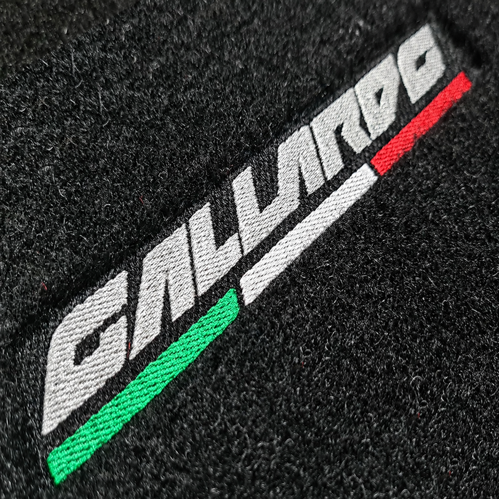 Lamborghini Gallardo Custom Fit Floor Mats Emblem Orange Edging - Front Floor Mats | Class Car Design