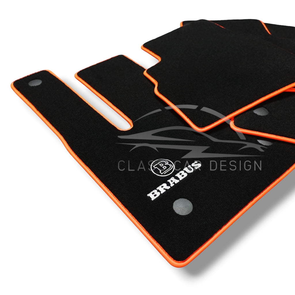 Mercedes-Benz CLK-Class C208 Coupe (1997-2002) Custom Fit Floor Mats Brabus Orange Edging - Front Floor Mats | Class Car Design