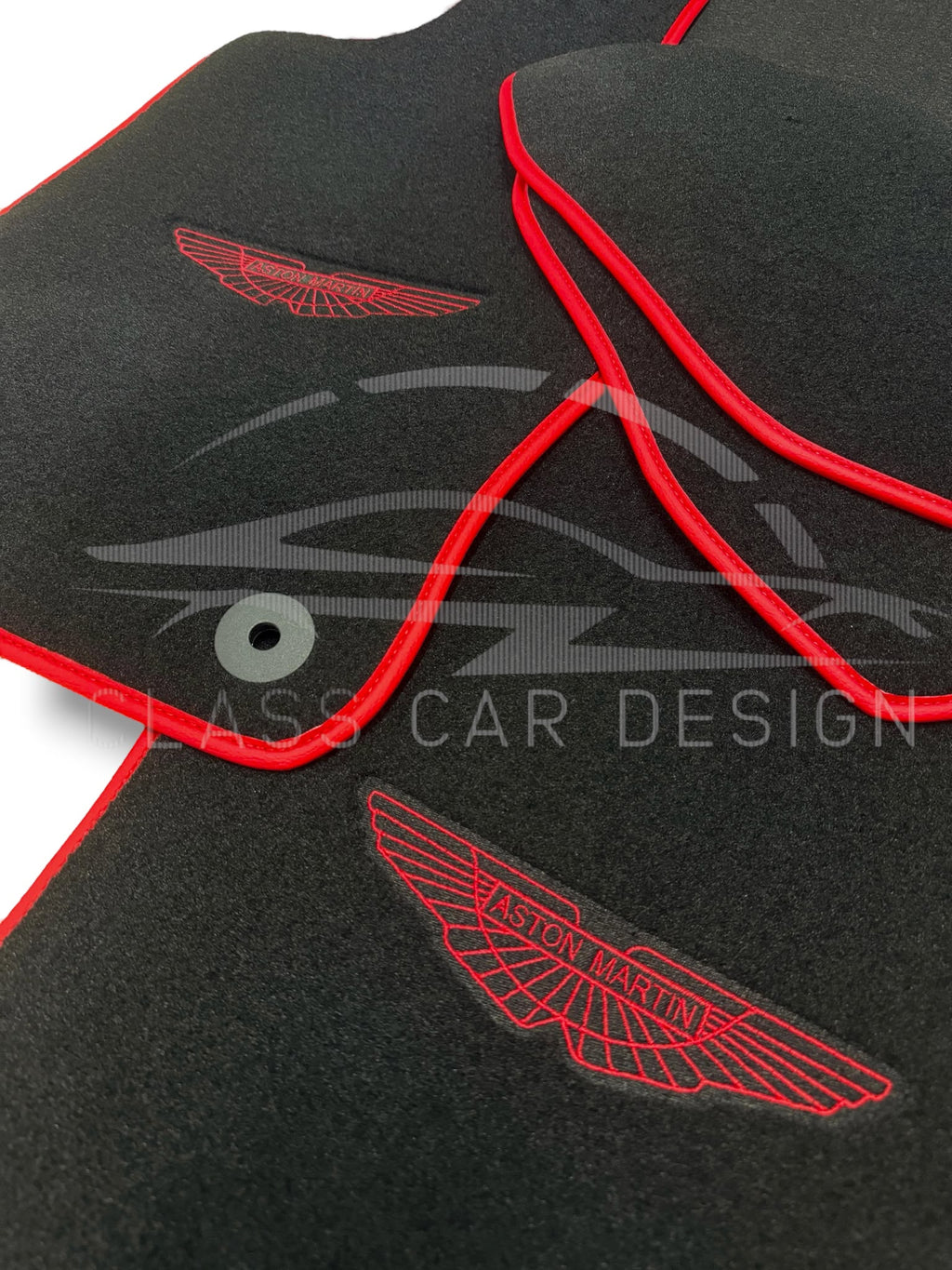 Aston Martin V12 Vanquish (2001-2005) Custom Fit Floor Mats AMR Red - Driver Mat Detail | Class Car Design