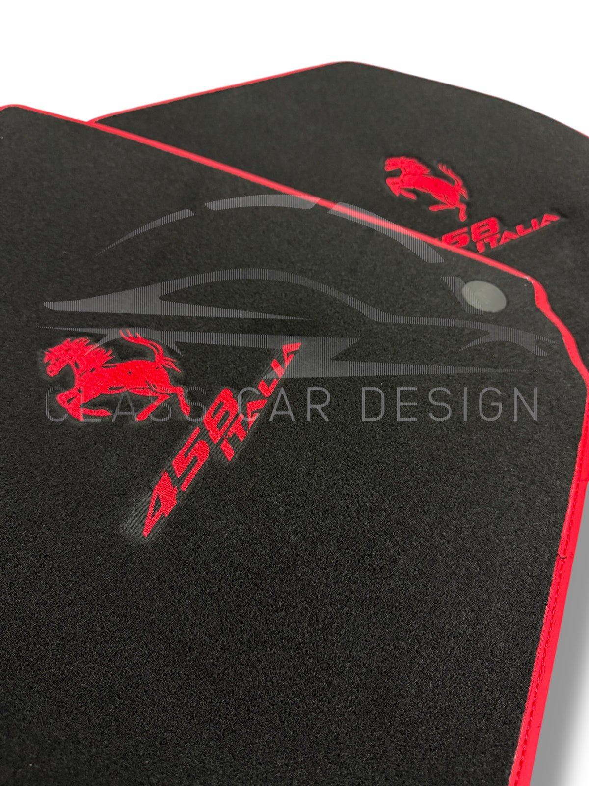 Ferrari 458 (2009-2015) Custom Fit Floor Mats Emblem Red Edging - Driver Mat Detail | Class Car Design
