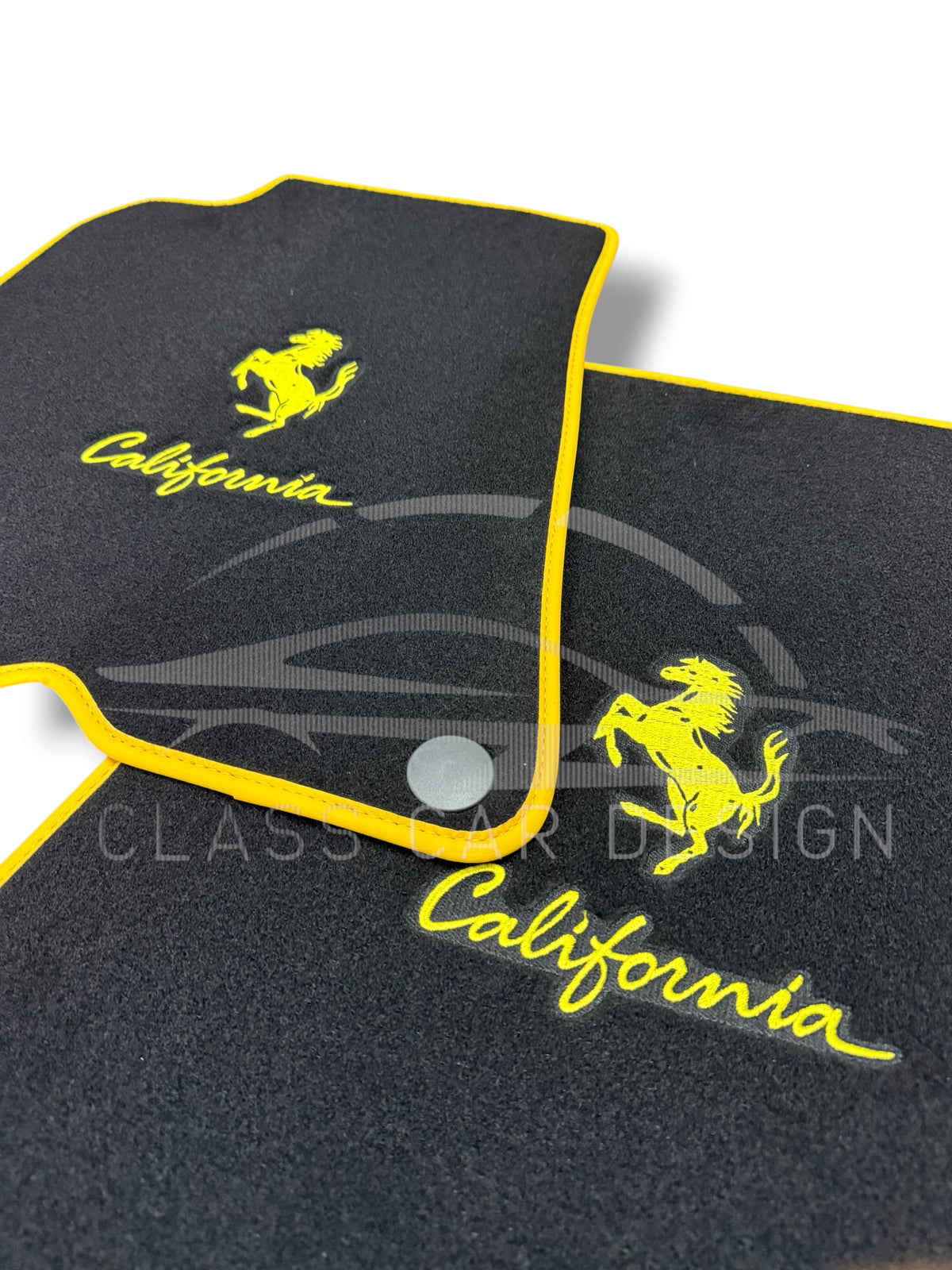Ferrari California (2008-2014) Custom Fit Floor Mats Emblem Yellow Edging - Driver Mat Detail | Class Car Design