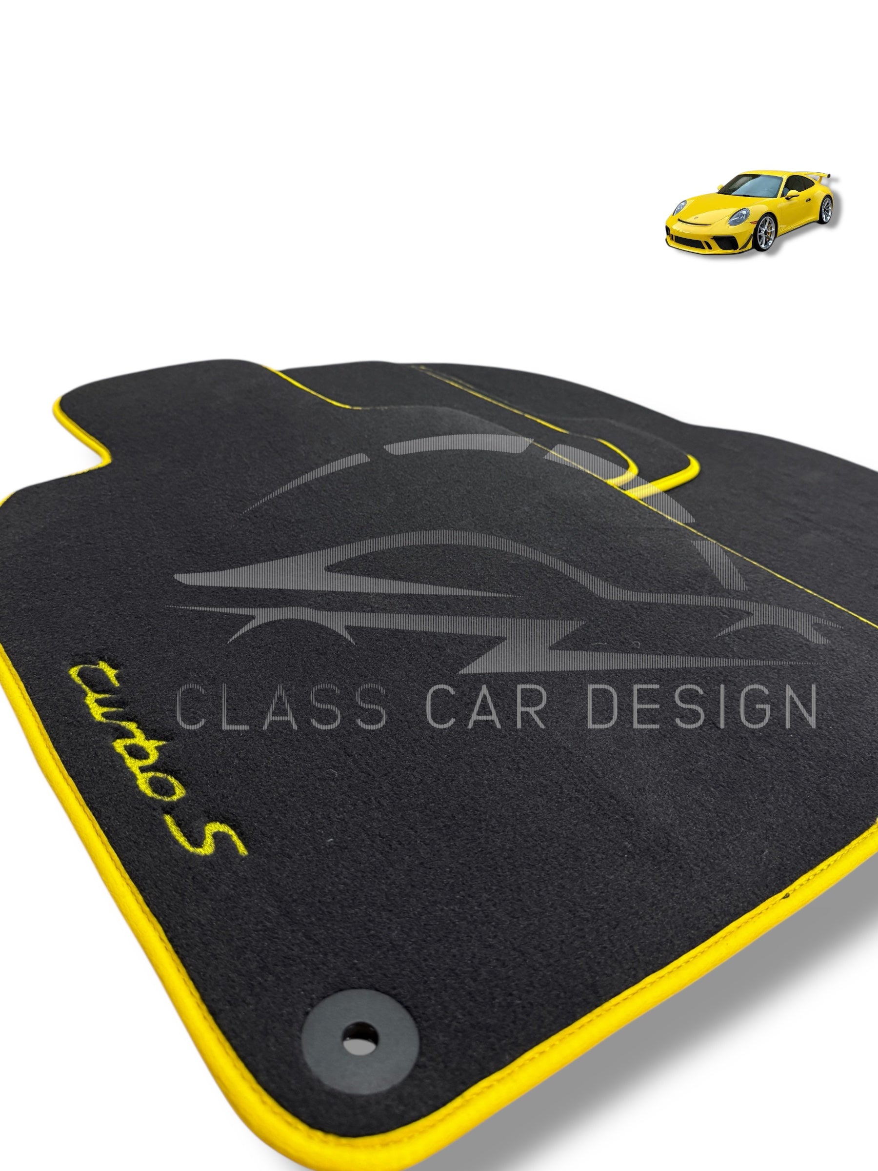 Porsche 911 993 (1994-1998) Custom Fit Floor Mats Turbo S Yellow Edging - Driver Mat Detail | Class Car Design