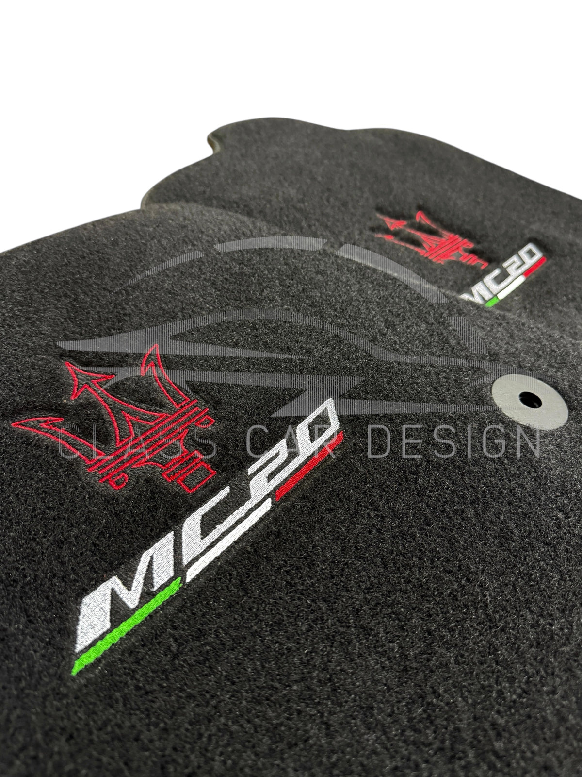 Maserati MC20 Custom Fit Floor Mats Emblem Gray Edging - Driver Mat Detail | Class Car Design