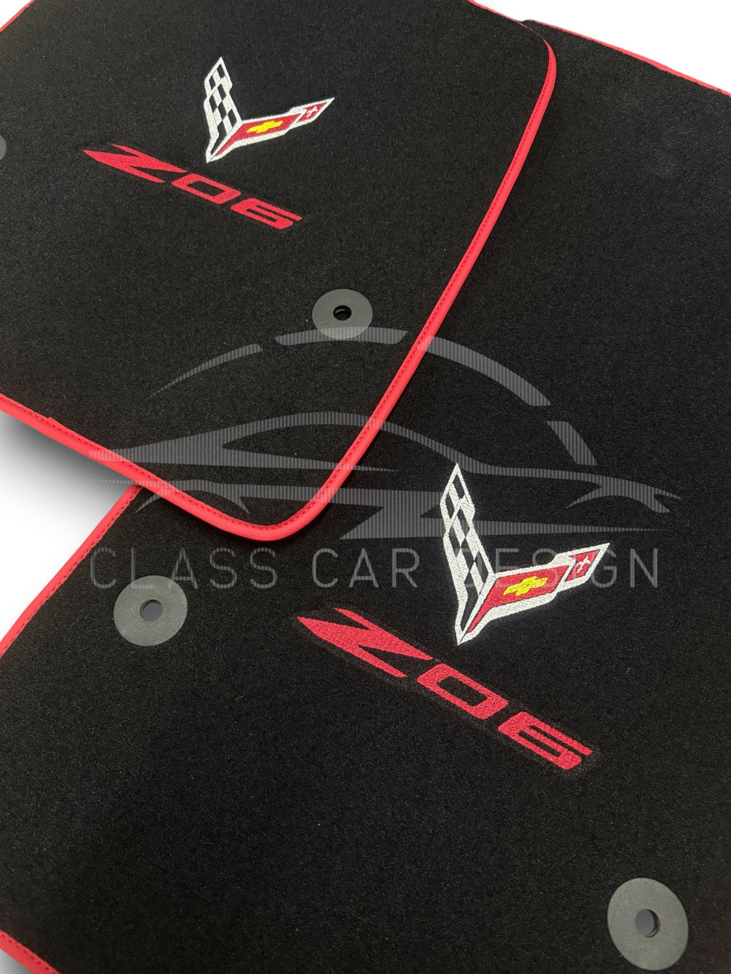 Chevrolet Corvette C5 (1997-2004) Custom Fit Floor Mats Z06 Red Edging - Driver Mat Detail | Class Car Design