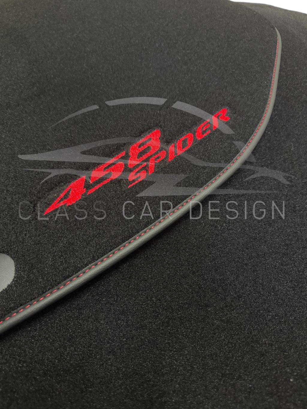 Ferrari 458 (2009-2015) Custom Fit Floor Mats Spider Red Stitching - Driver Mat Detail | Class Car Design