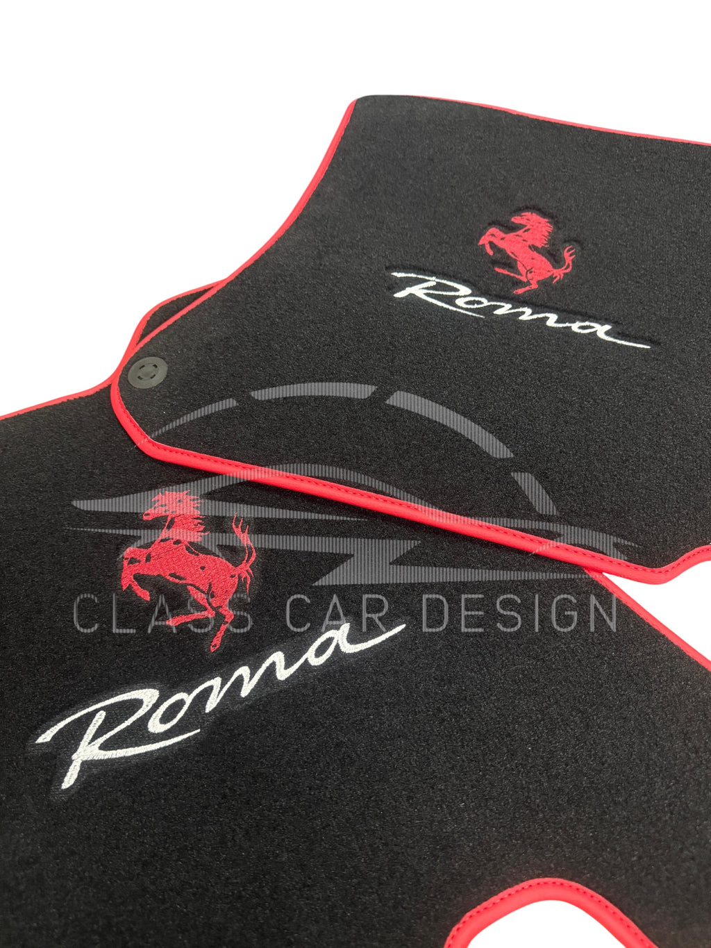 Ferrari Roma (2021-2024) Custom Fit Floor Mats Emblem Red Edging - Driver Mat Detail | Class Car Design