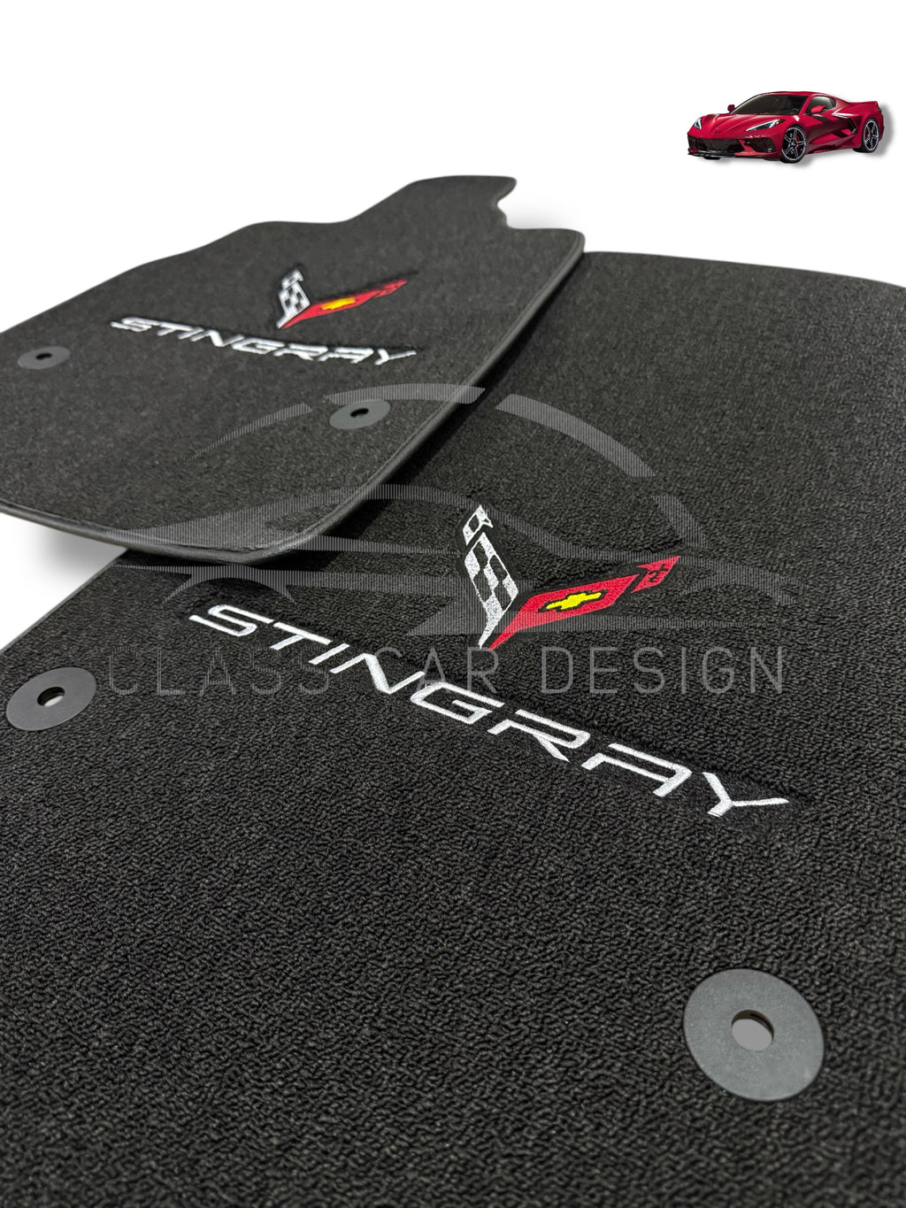 Chevrolet Corvette C8 (2020+) Custom Fit Floor Mats Stingray Emblem - Stitching Color Options | Class Car Design