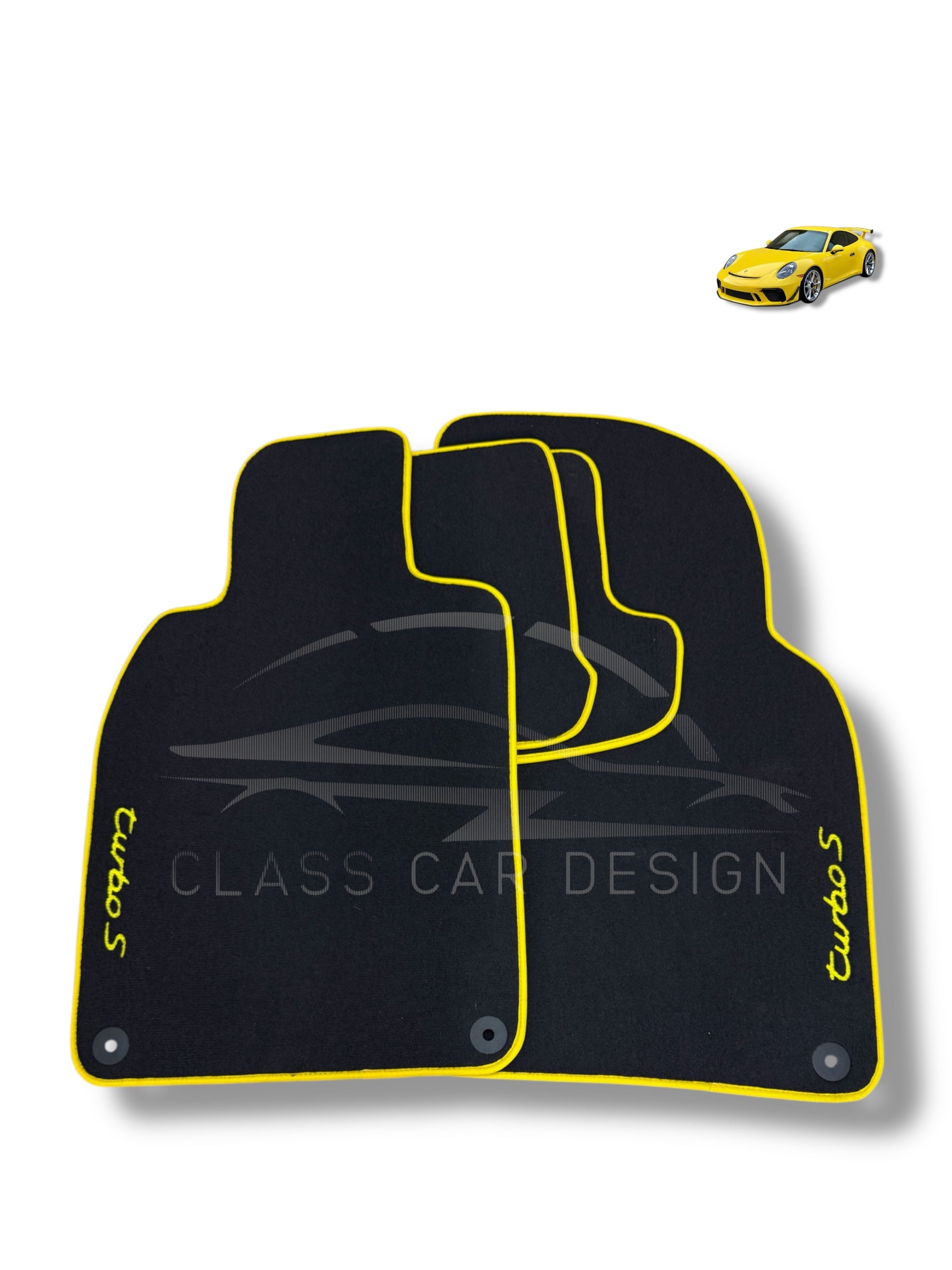 Porsche 911 991 (2012-2019) Custom Fit Floor Mats Turbo S Yellow Edging - Stitching Color Options | Class Car Design