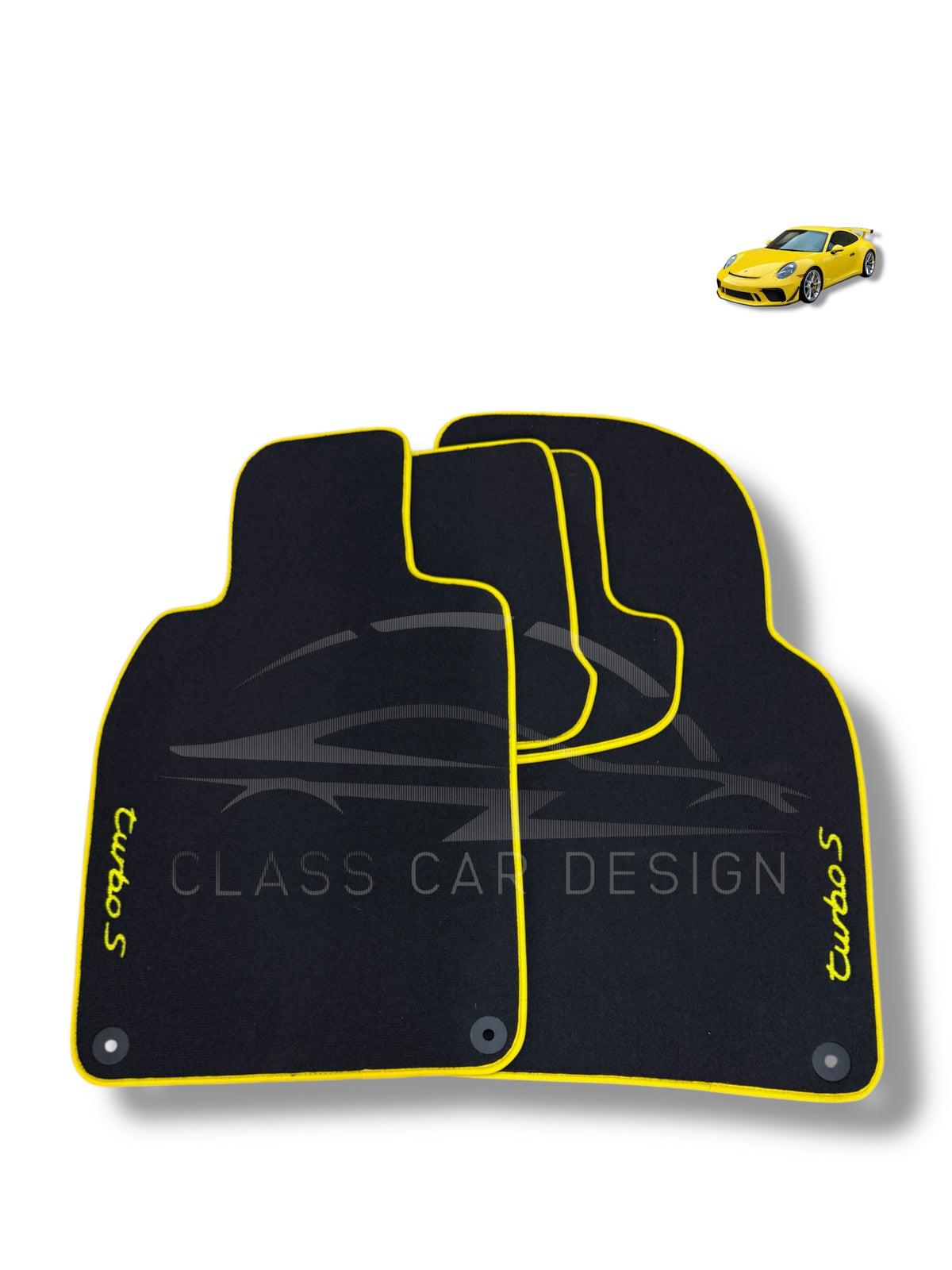 Porsche 911 964 (1989-1994) Custom Fit Floor Mats Turbo S Yellow Edging - Stitching Color Options | Class Car Design