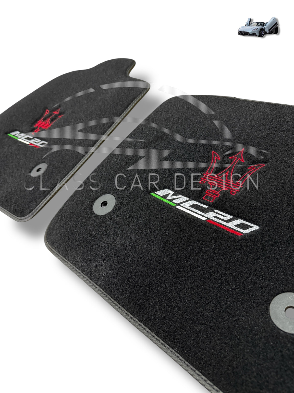 Maserati MC20 Custom Fit Floor Mats Emblem Gray Edging - Stitching Color Options | Class Car Design